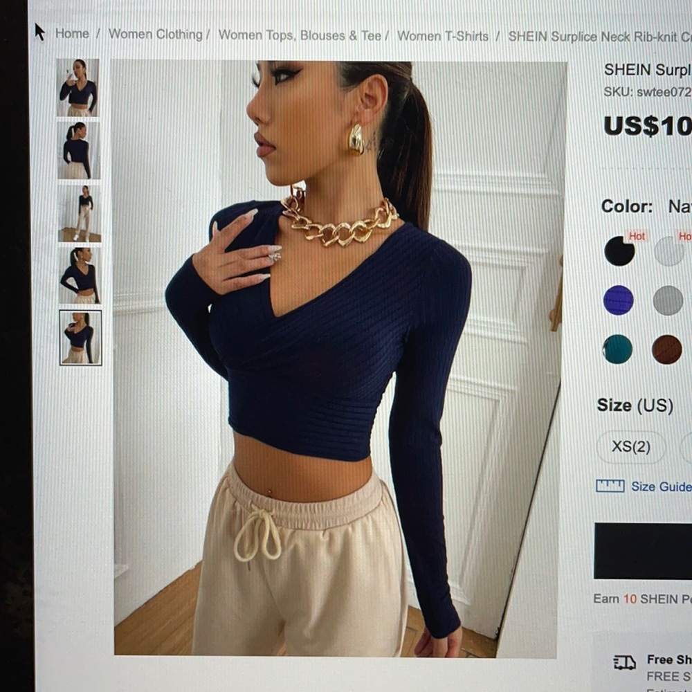 Surplice Neck Rib-knit Crop Tee